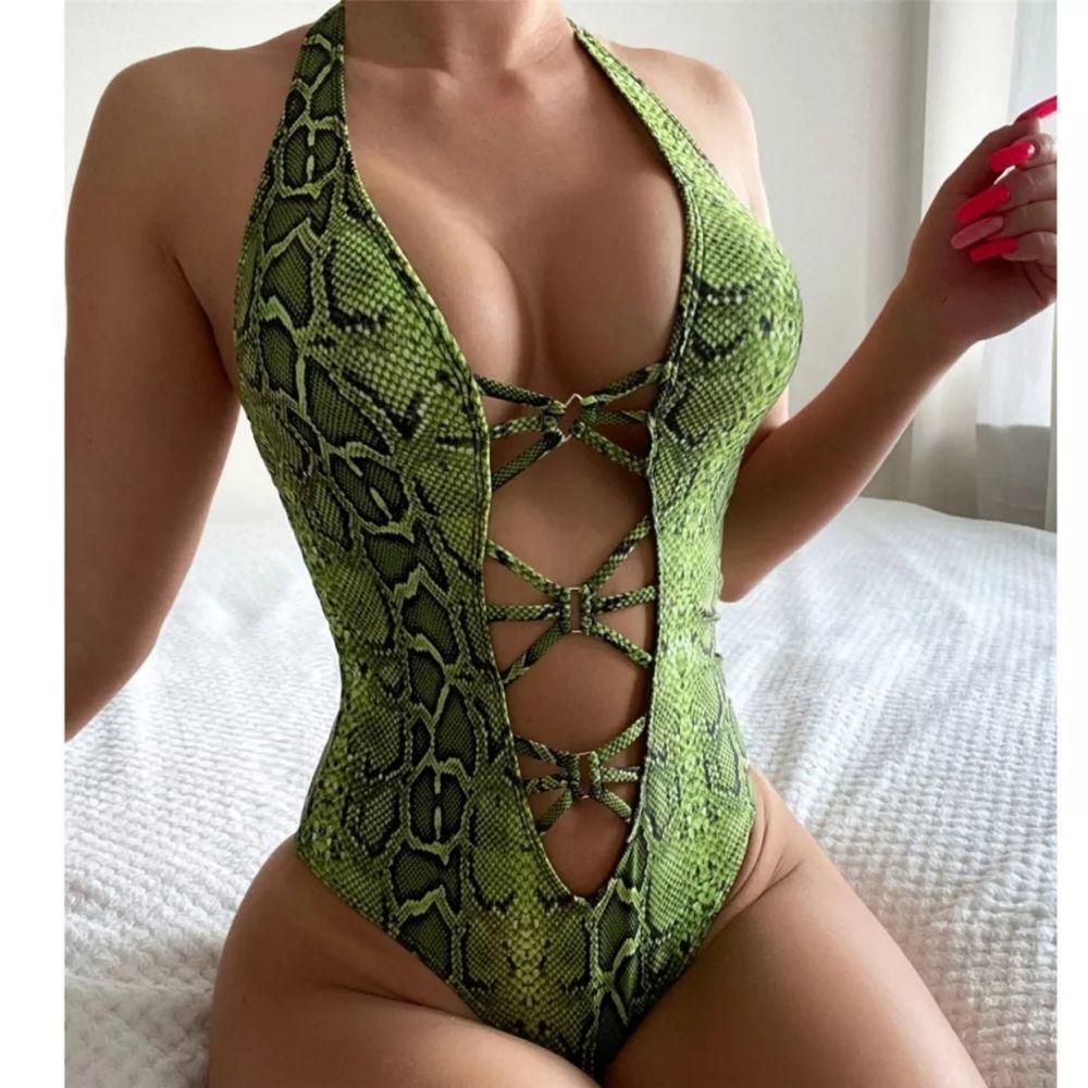 Lookeble's Cut Out Front Snake Skin Halter Monokini Swimsuit